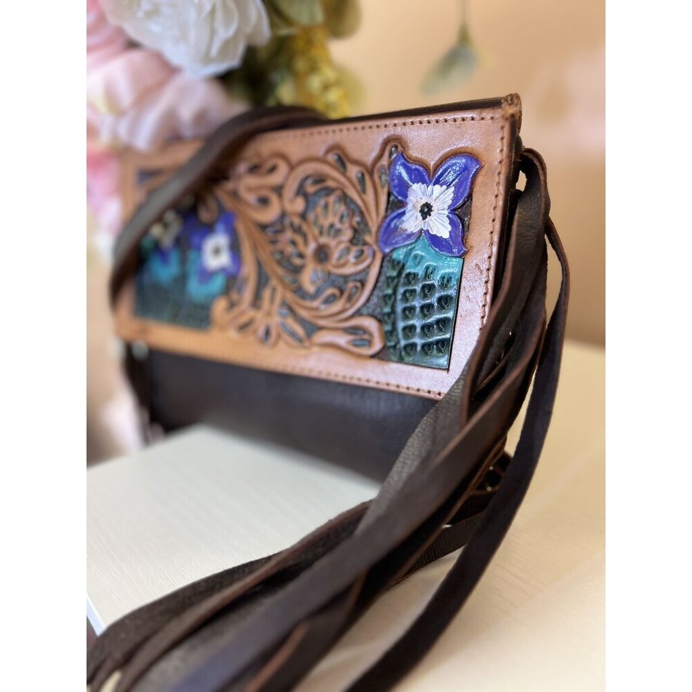 American Darling Tooled Fringe Purple Cactus Crossbody - Picture 2 of 4